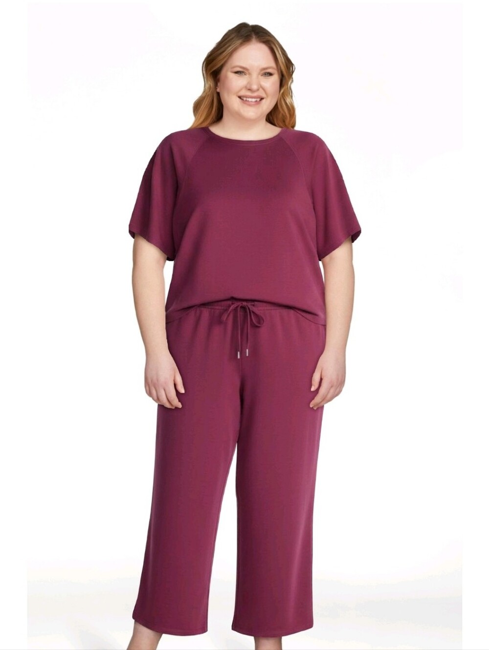 Joyspun Women's French Terry Lounge Sleep Short Sleeve Top and Capri Pants